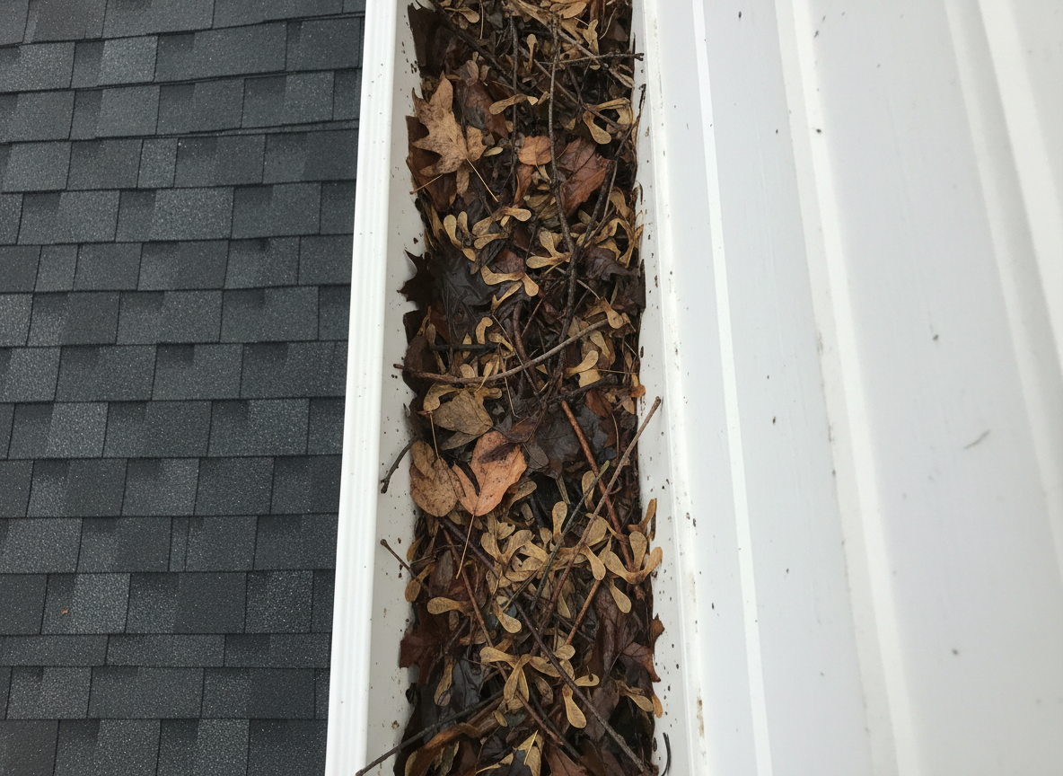 Severely clogged Rockford IL rain gutter filled with wet autumn leaves