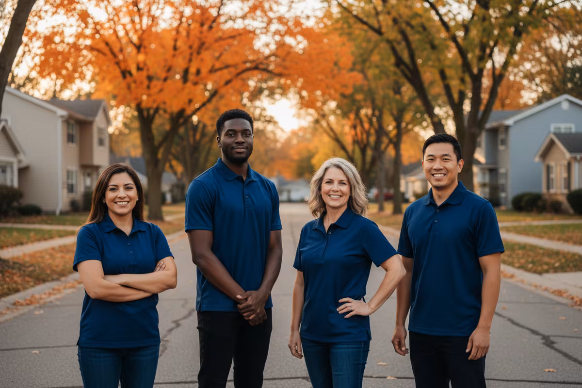 The crew — four local pros in navy uniforms