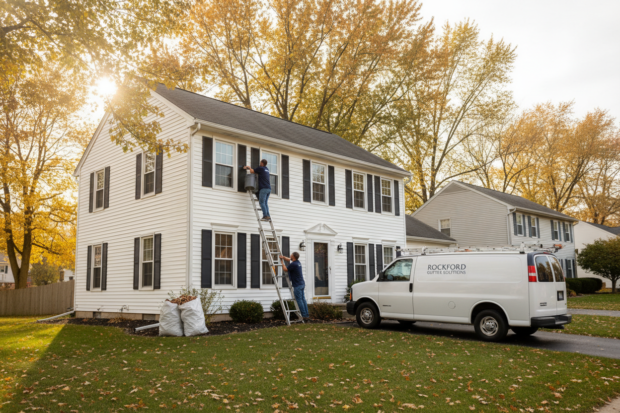 Two technicians performing residential gutter cleaning on a colonial home in Rockford IL