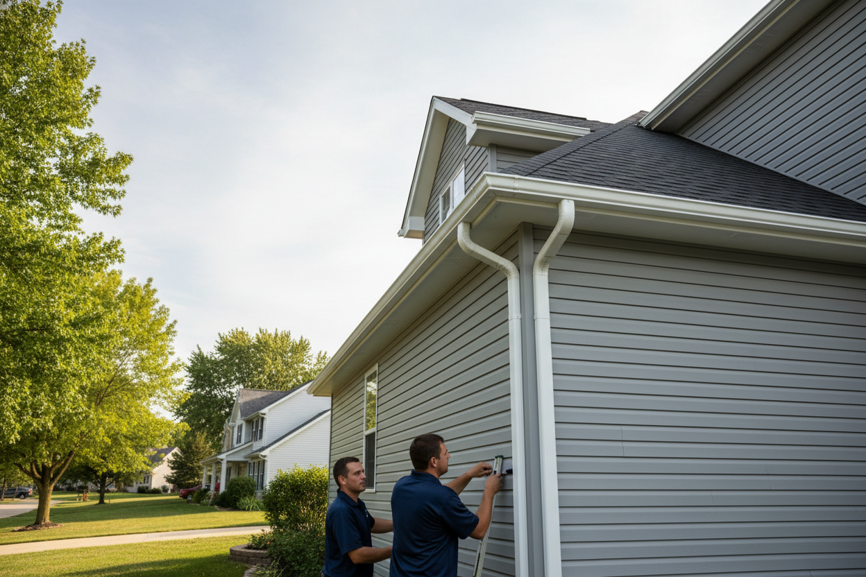 Brand new white seamless aluminum gutters on a Rockford Illinois two-story home